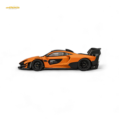 Diecast McLaren Senna GTR model in Papaya Orange, 1:64 scale by Lot57Supplies, showing detailed design and vibrant color.