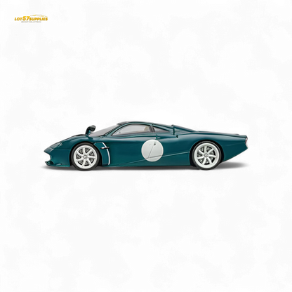 Green Pagani Codalunga diecast model in 1:64 scale by Lot57Supplies Diecast Shop, detailed miniature car with sleek design.