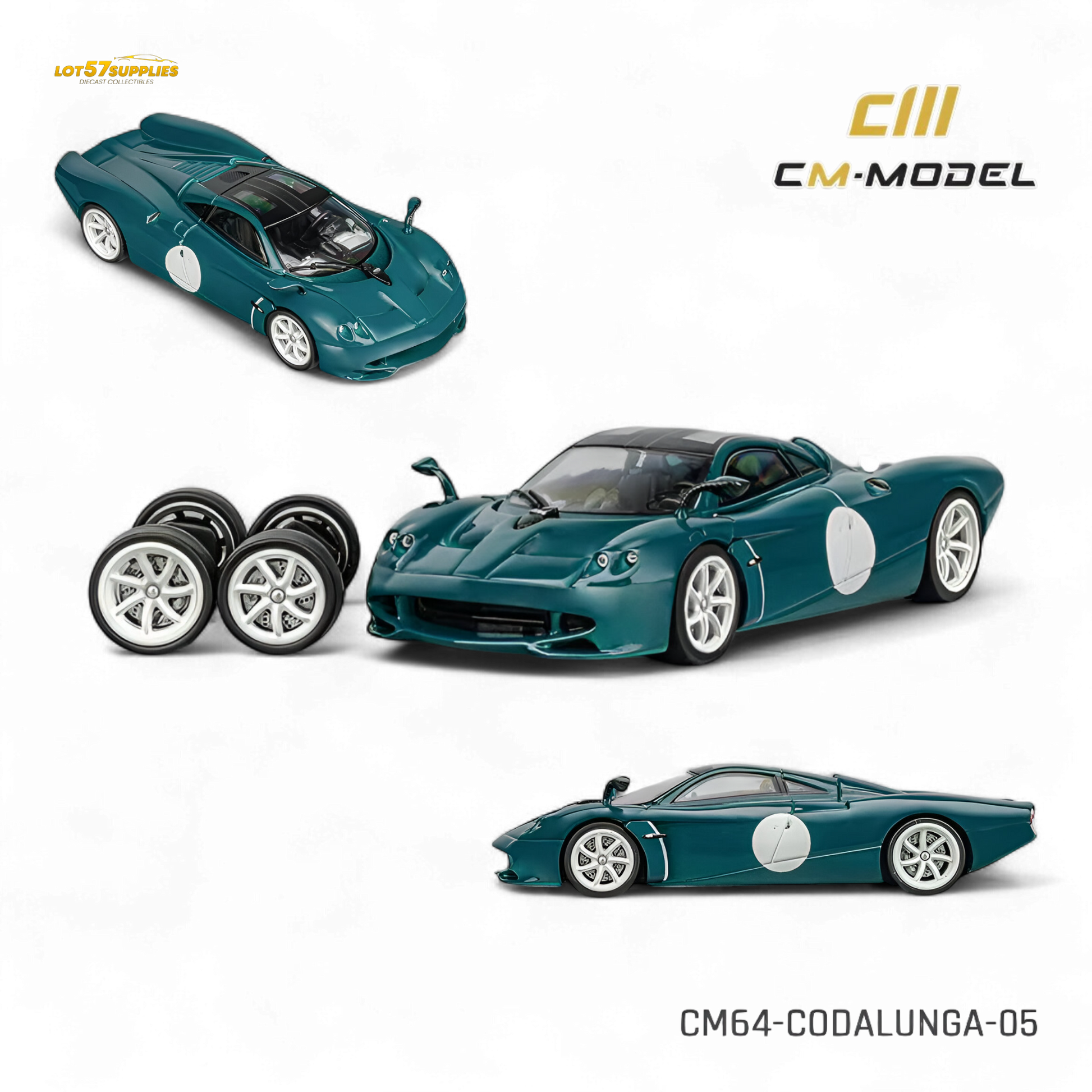 Green Pagani Codalunga diecast model by Lot57Supplies in 1:64 scale, detailed miniature car displayed on a plain background.