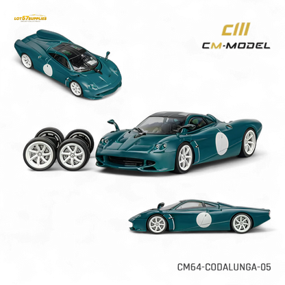 Green Pagani Codalunga diecast model by Lot57Supplies in 1:64 scale, detailed miniature car displayed on a plain background.