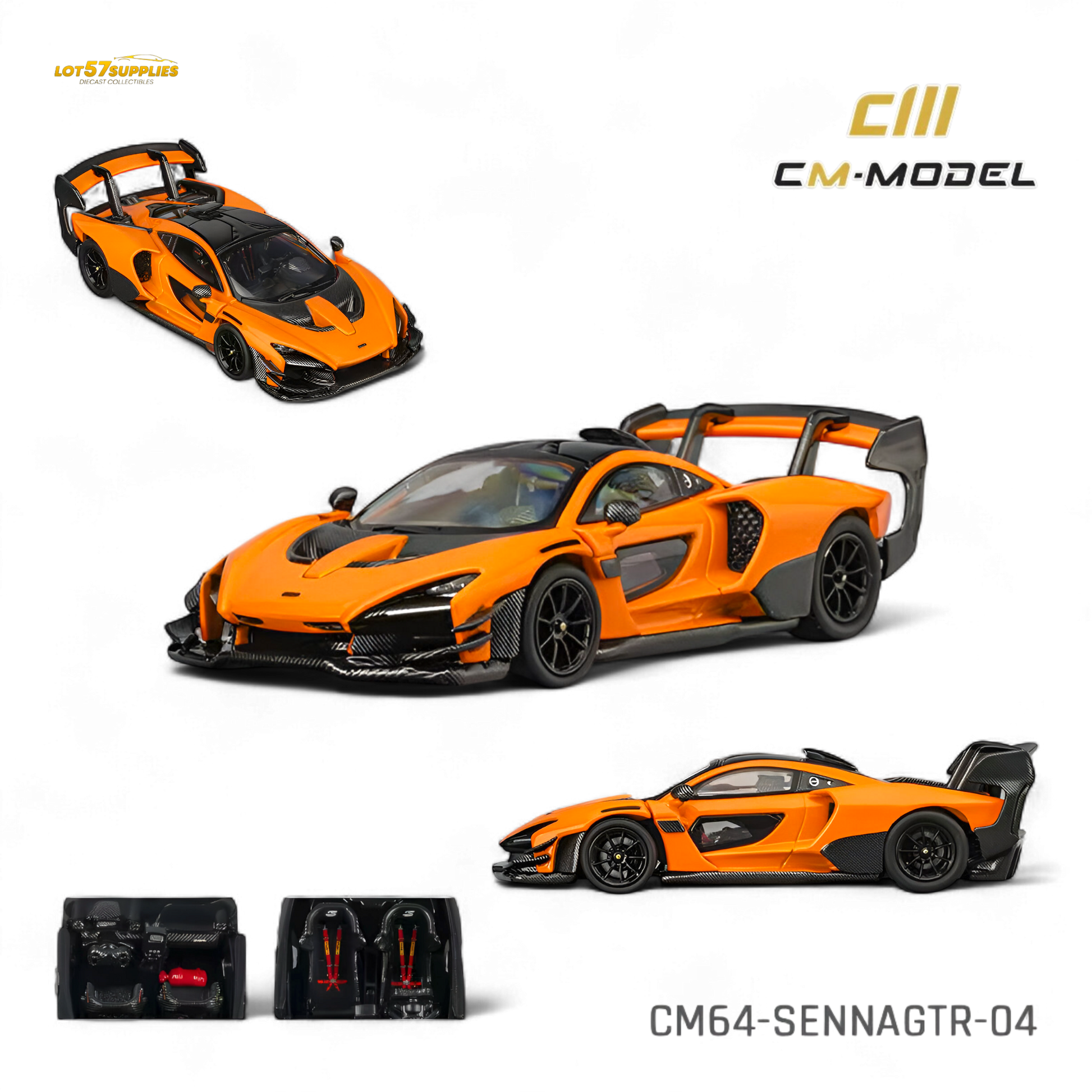 Diecast McLaren Senna GTR in Papaya Orange, 1:64 scale model by Lot57Supplies Diecast Shop, detailed view of the miniature car.