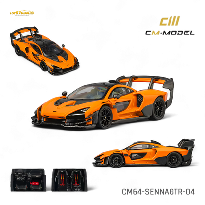 Diecast McLaren Senna GTR in Papaya Orange, 1:64 scale model by Lot57Supplies Diecast Shop, detailed view of the miniature car.