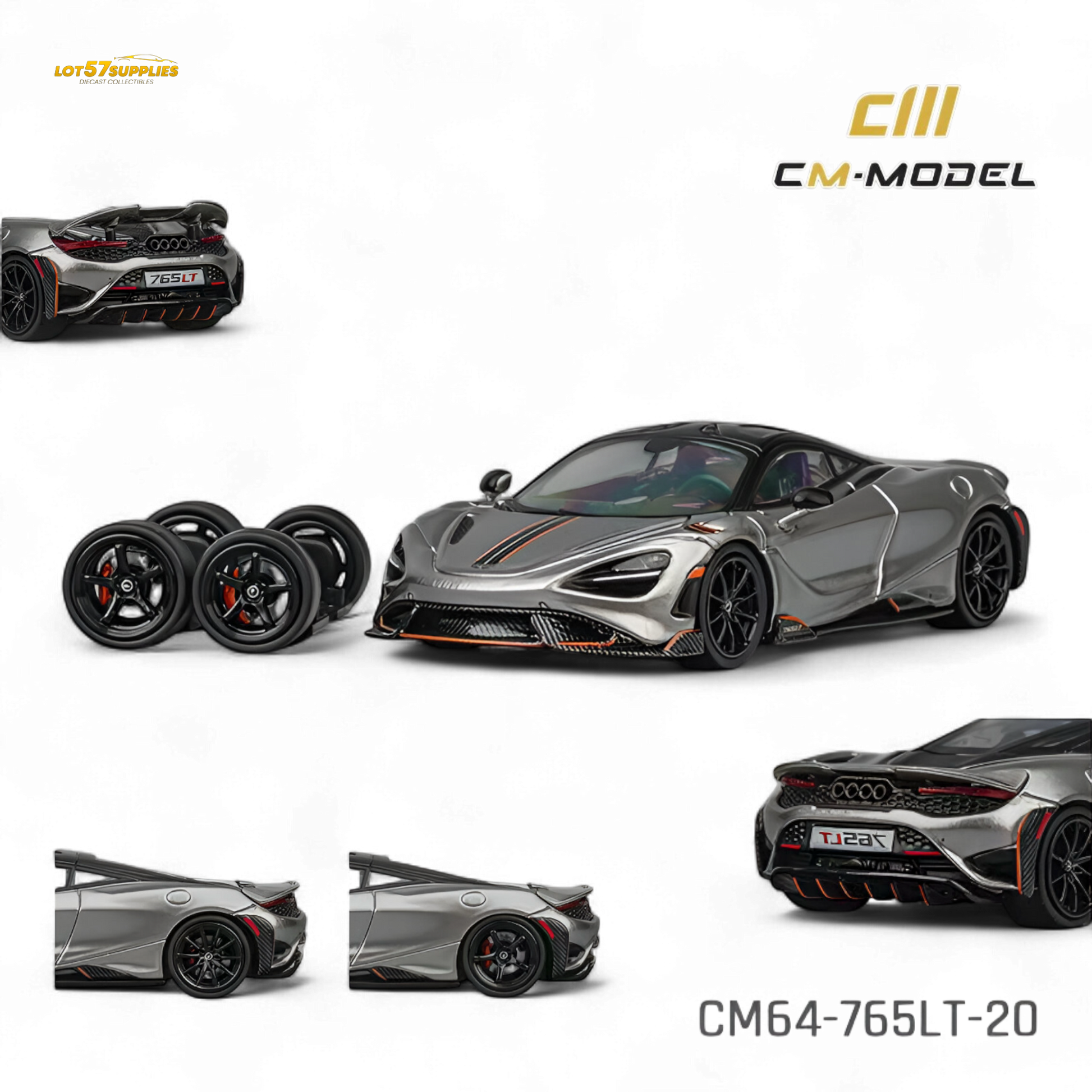 Silver gray McLaren 765LT diecast model in 1:64 scale by Lot57Supplies, detailed view of the miniature car.