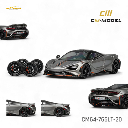 Silver gray McLaren 765LT diecast model in 1:64 scale by Lot57Supplies, detailed view of the miniature car.