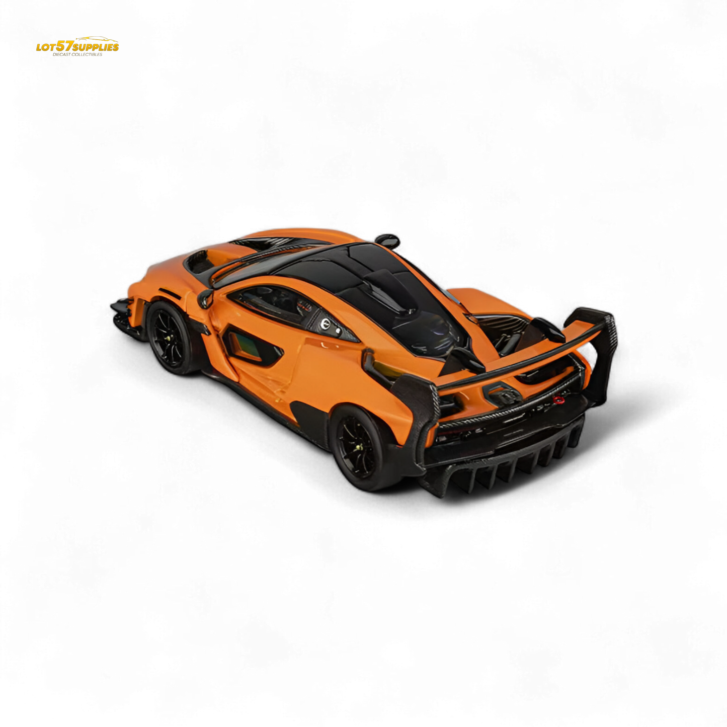 Diecast McLaren Senna GTR model in Papaya Orange, 1:64 scale, from Lot57Supplies Diecast Shop, detailed miniature car.