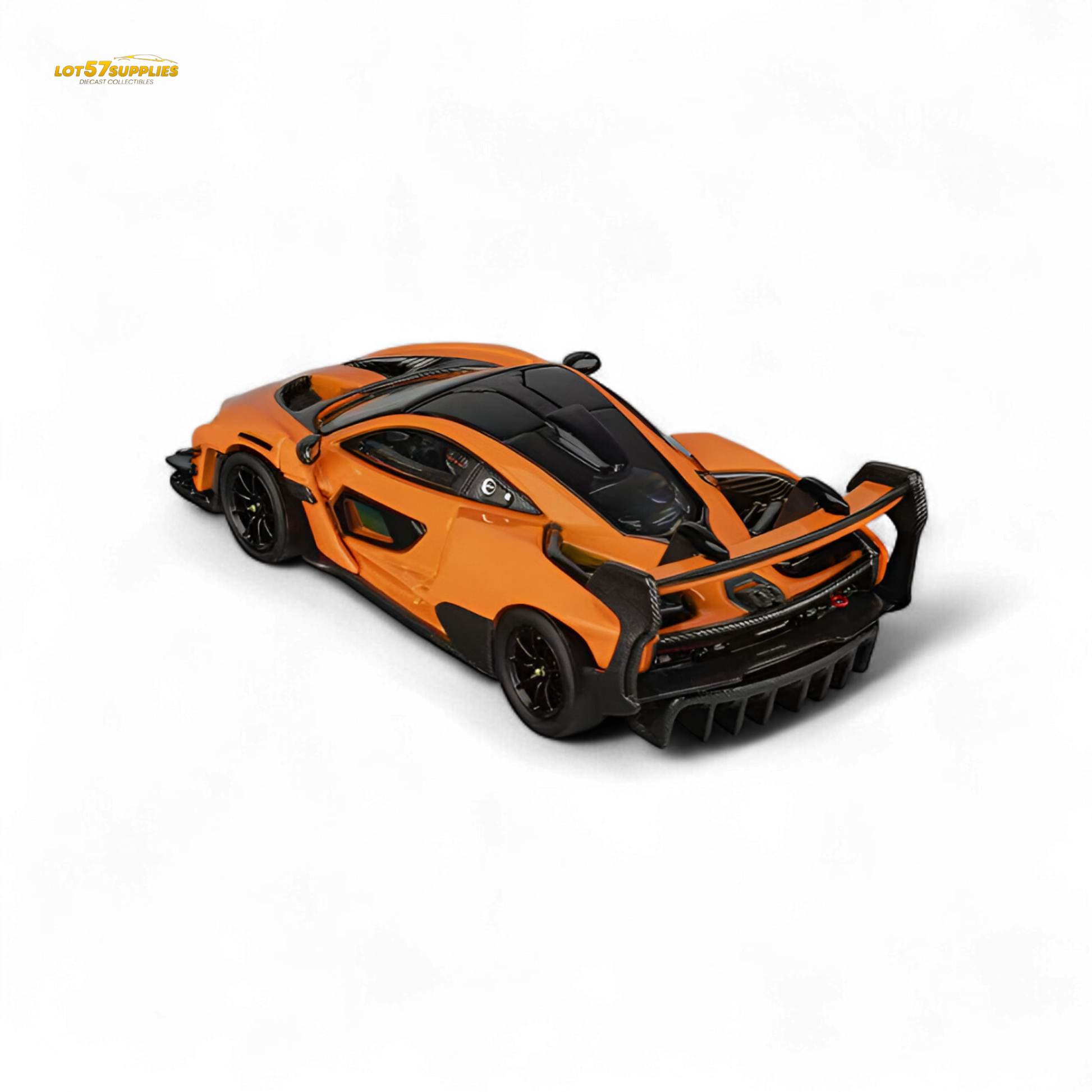Diecast McLaren Senna GTR model in Papaya Orange, 1:64 scale, from Lot57Supplies Diecast Shop, detailed miniature car.