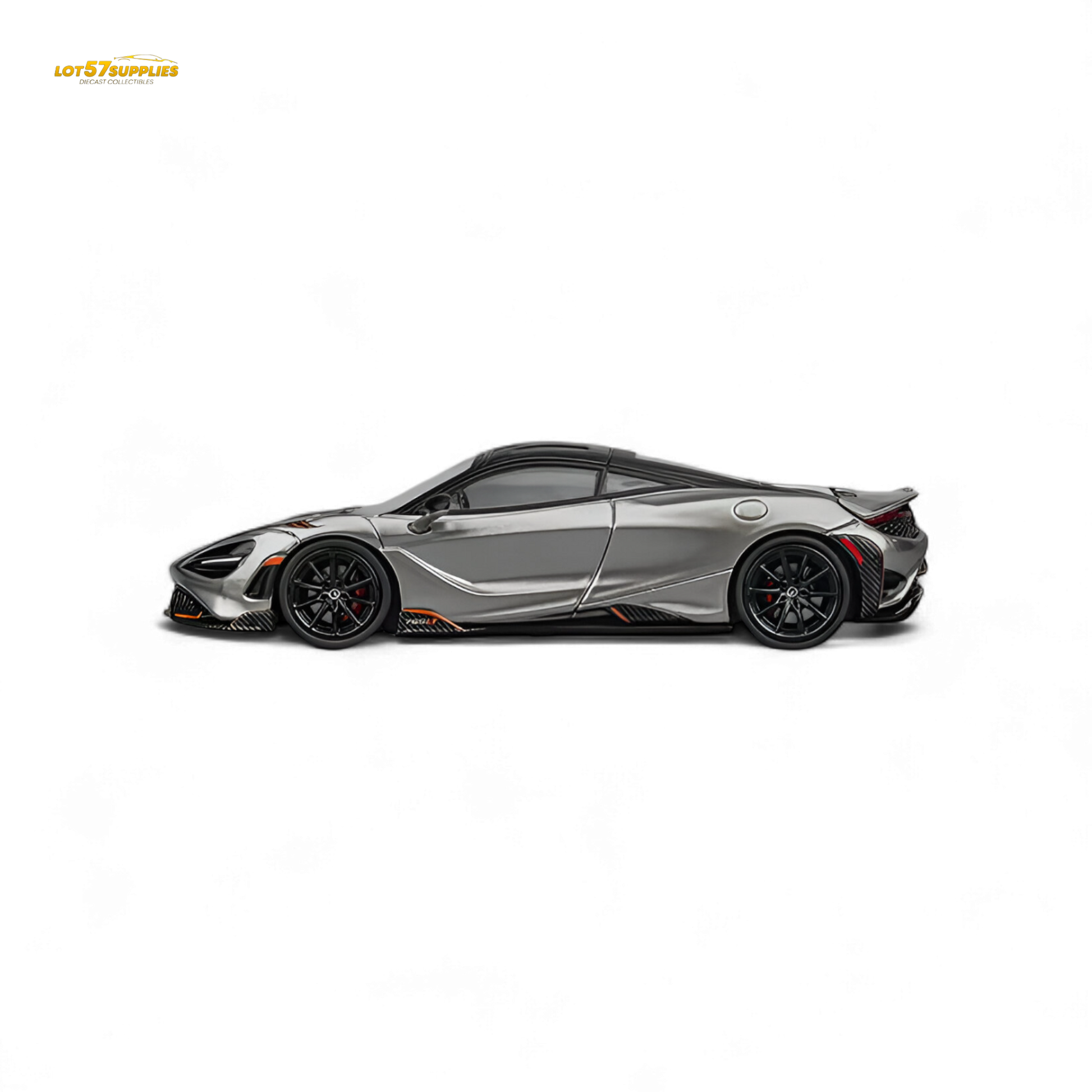 Silver gray McLaren 765LT diecast model in 1:64 scale, detailed miniature from Lot57Supplies Diecast Shop.