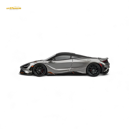 Silver gray McLaren 765LT diecast model in 1:64 scale, detailed miniature from Lot57Supplies Diecast Shop.