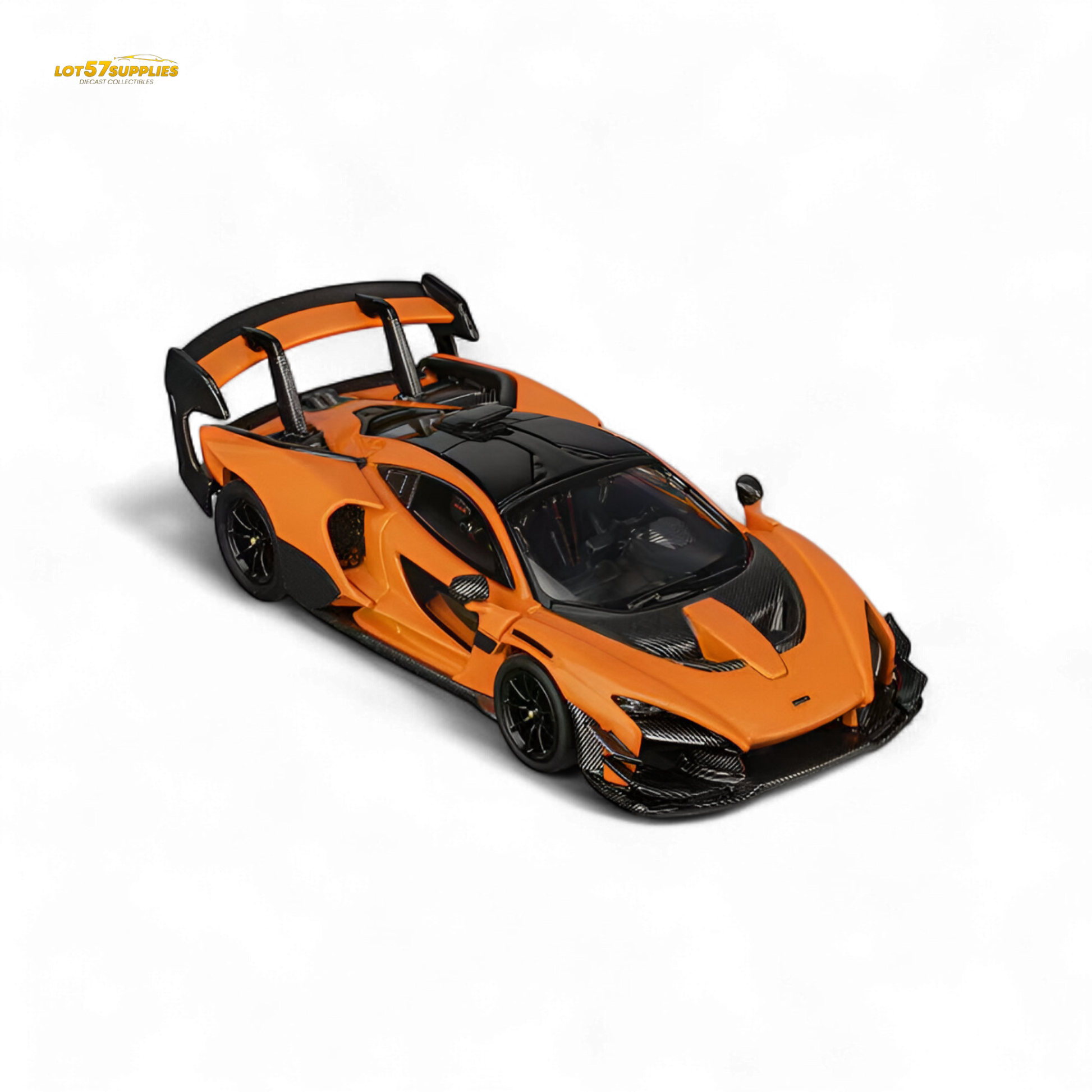 Diecast McLaren Senna GTR model in papaya orange, 1:64 scale, showcasing detailed design and vibrant color.