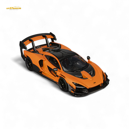 Diecast McLaren Senna GTR model in papaya orange, 1:64 scale, showcasing detailed design and vibrant color.