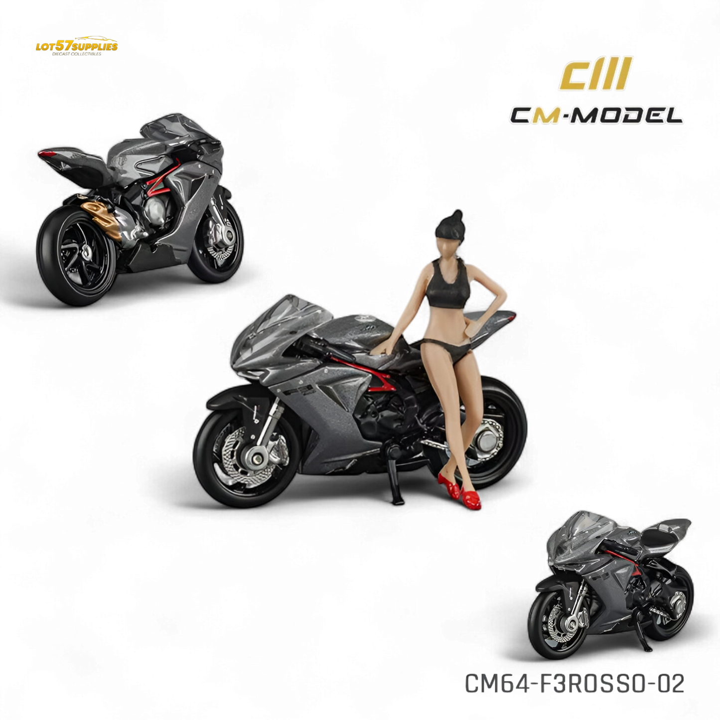 Metallic gray MV Agusta F3 model motorcycle in 1:64 scale, detailed diecast replica showcasing realistic design and branding.