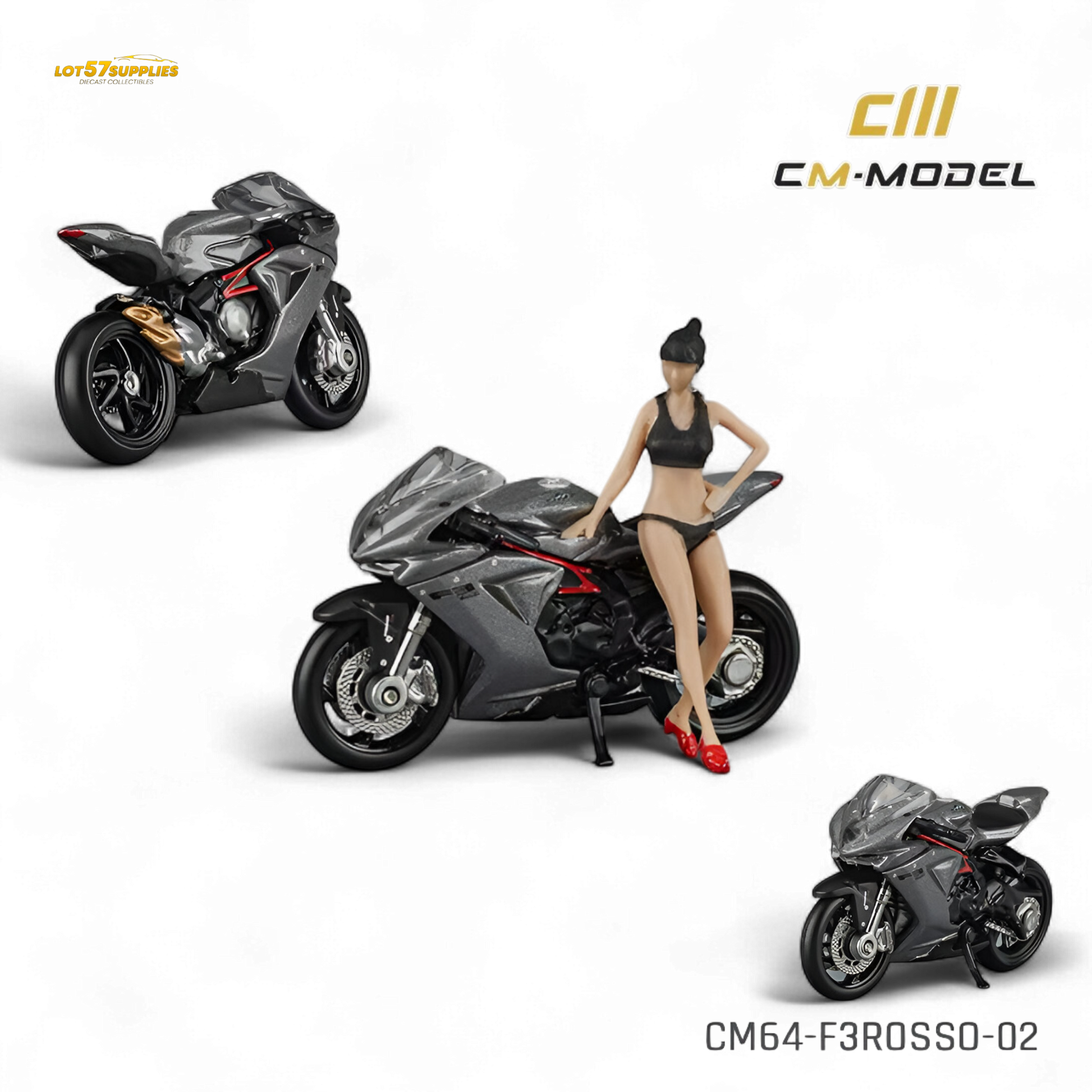 Metallic gray MV Agusta F3 model motorcycle in 1:64 scale, detailed diecast replica showcasing realistic design and branding.