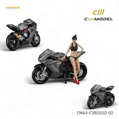 Metallic gray MV Agusta F3 model motorcycle in 1:64 scale, detailed diecast replica showcasing realistic design and branding.