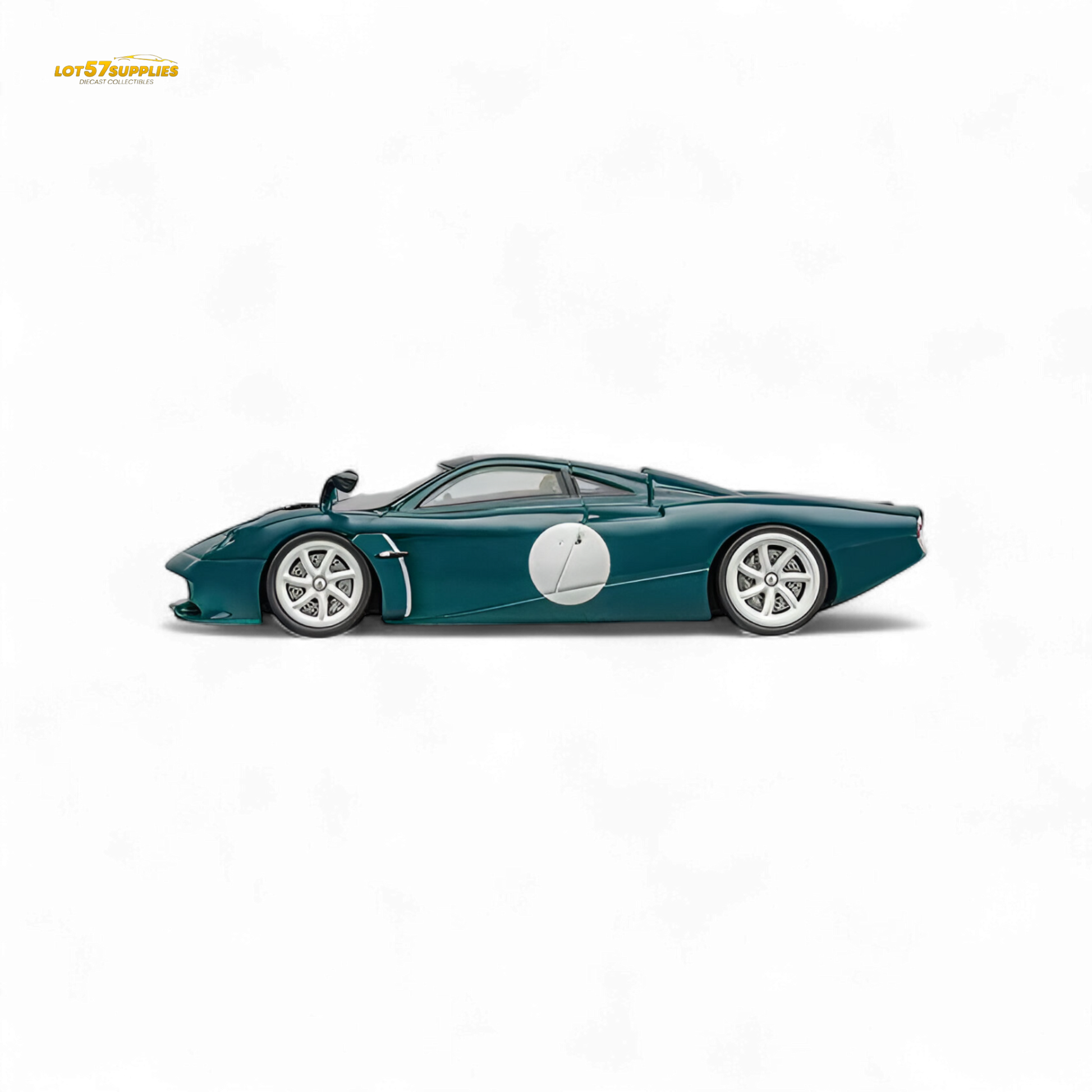 Green Pagani Codalunga diecast model by Lot57Supplies, 1:64 scale, detailed miniature car with sleek design.