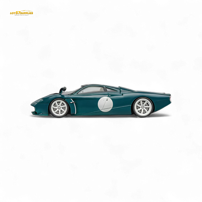 Green Pagani Codalunga diecast model by Lot57Supplies, 1:64 scale, detailed miniature car with sleek design.