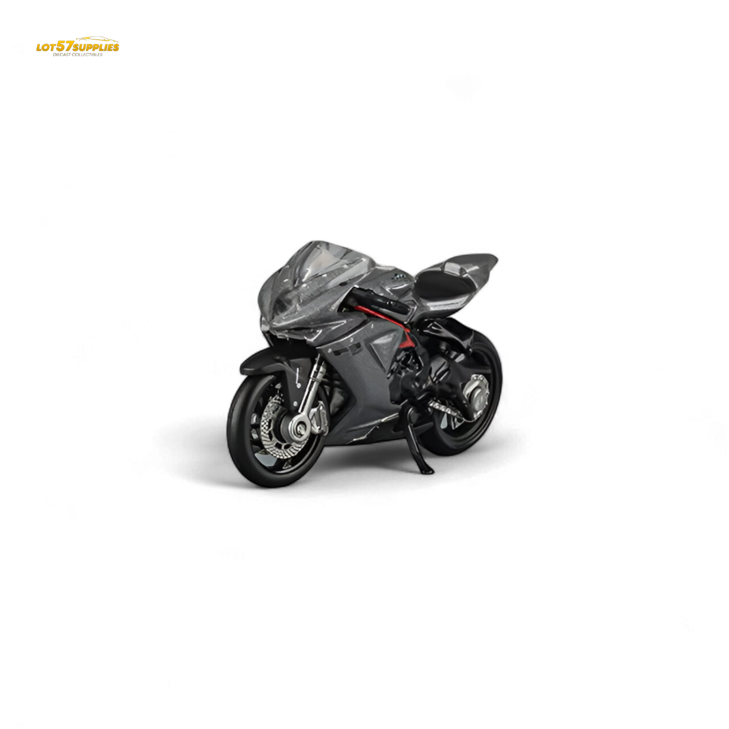 Metallic gray 1:64 scale MV Agusta F3 Rosso diecast model bike by Lot57Supplies Diecast Shop, detailed motorcycle replica.