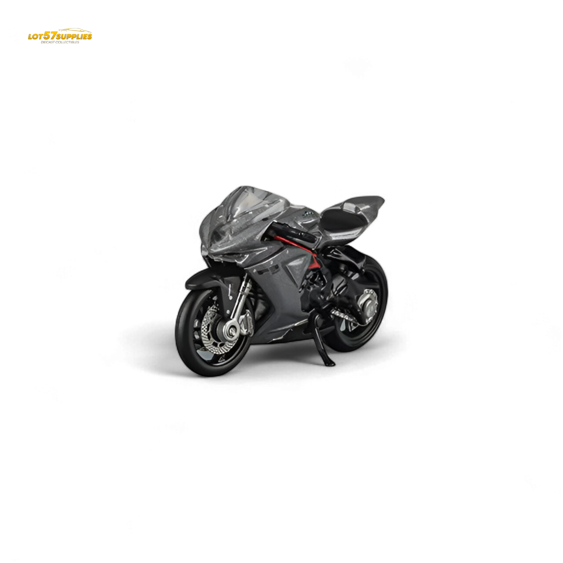 Metallic gray 1:64 scale MV Agusta F3 Rosso diecast model bike by Lot57Supplies Diecast Shop, detailed motorcycle replica.