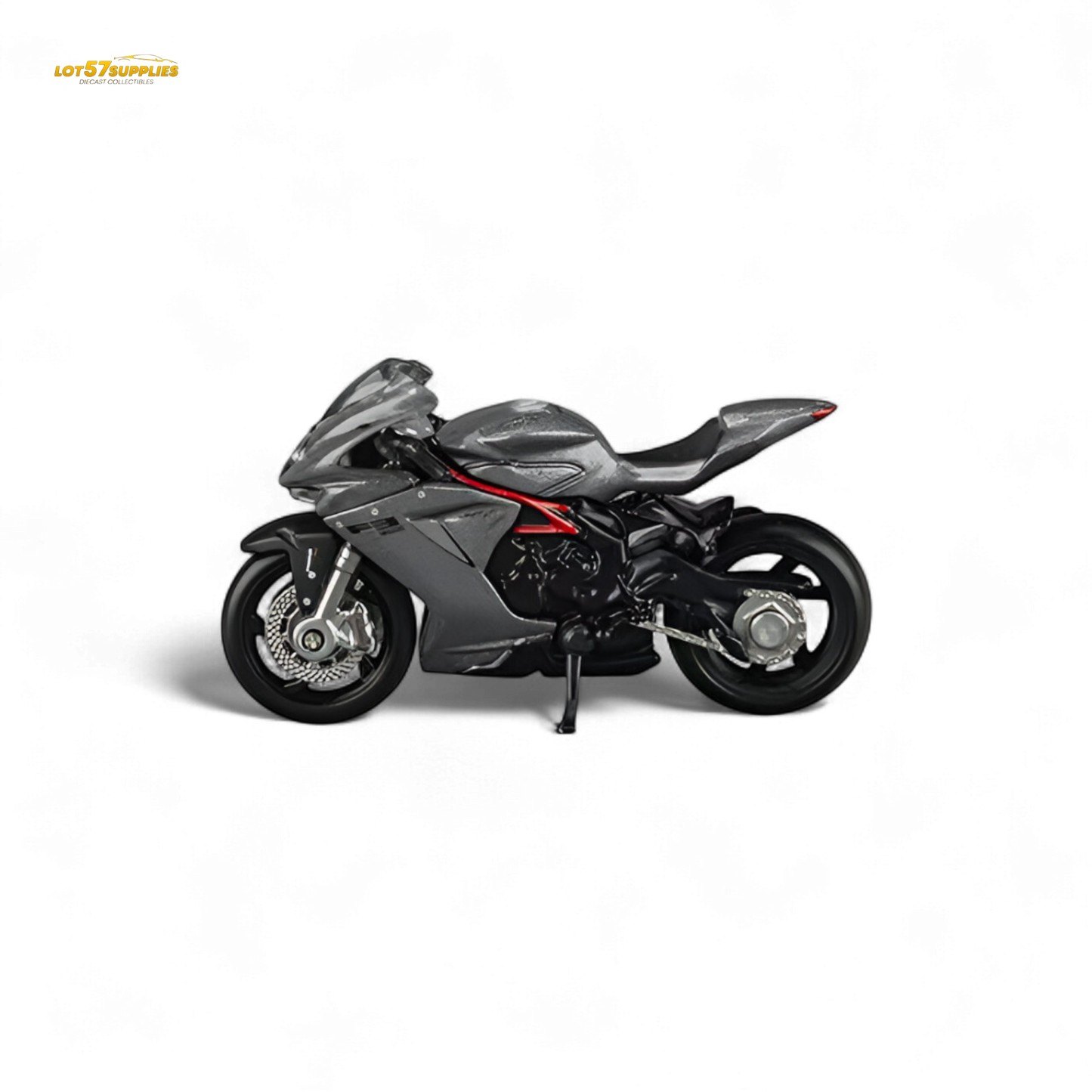 Metallic gray MV Agusta F3 diecast model by Lot57Supplies, detailed 1:64 scale motorcycle replica with realistic features.
