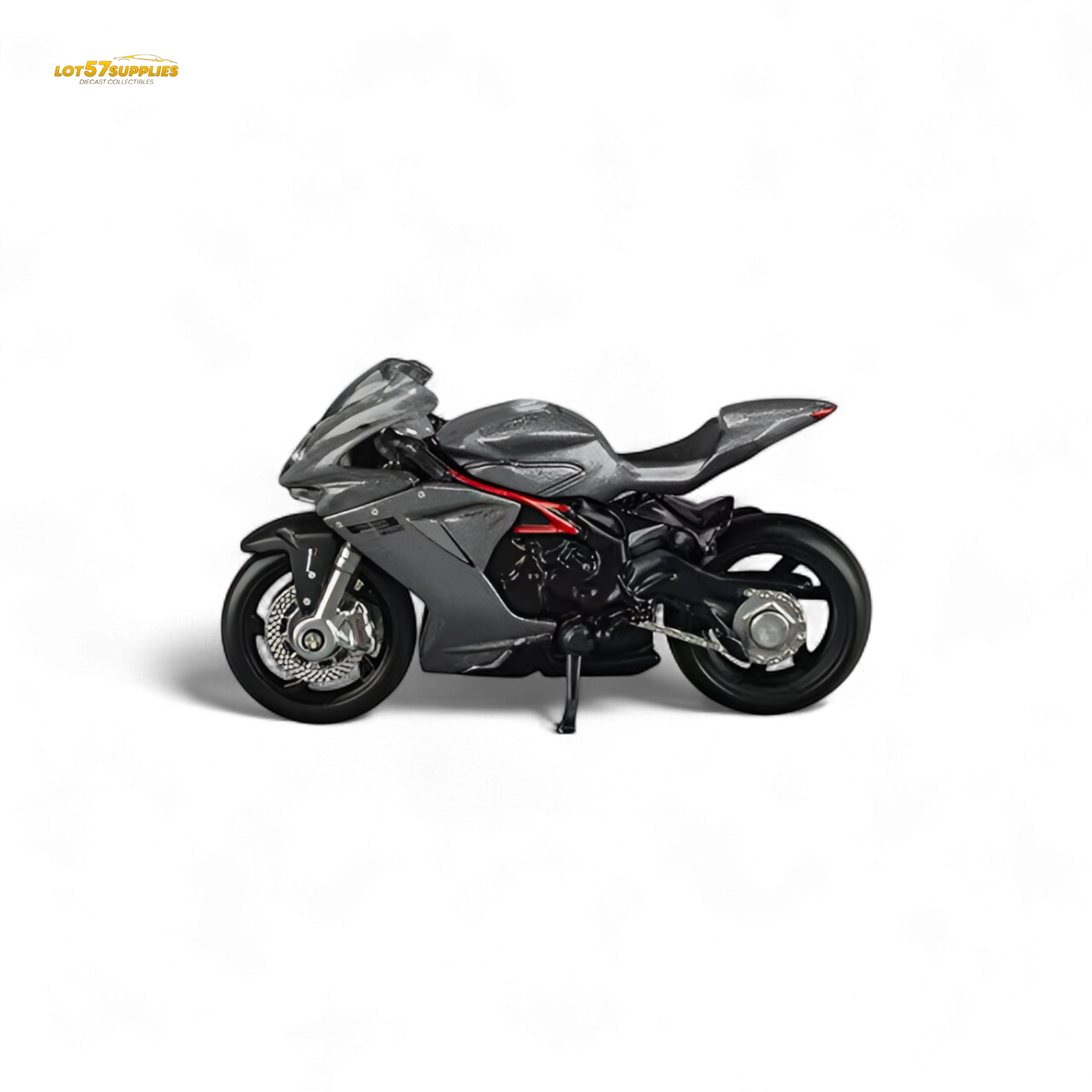 Metallic gray MV Agusta F3 diecast model by Lot57Supplies, detailed 1:64 scale motorcycle replica with realistic features.