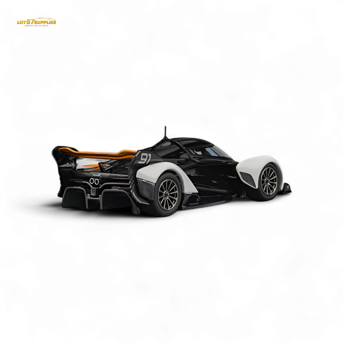 Black and white 1:64 scale McLaren Solus GT diecast model by Lot57Supplies Diecast Shop, detailed view of the miniature sports car.