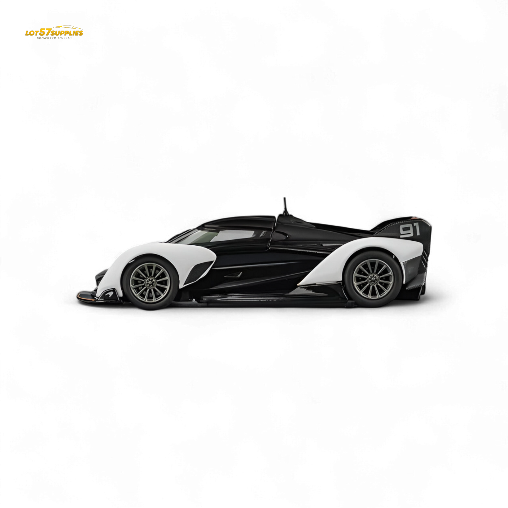 Pre-order McLaren Solus GT diecast model in black and white, 1:64 scale by Lot57Supplies Diecast Shop, detailed miniature car.