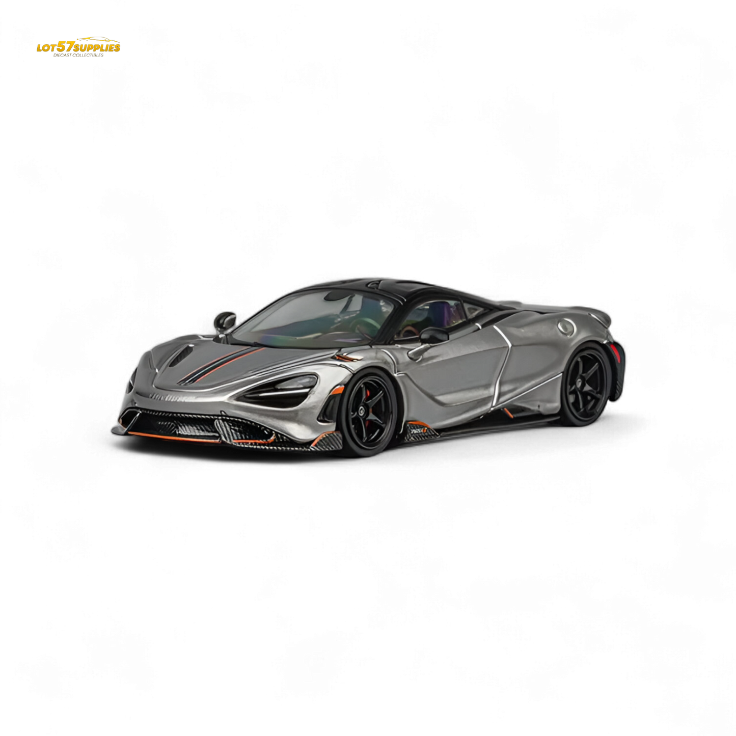 Silver gray McLaren 765LT diecast model in 1:64 scale by CM Model, detailed miniature car for collectors.