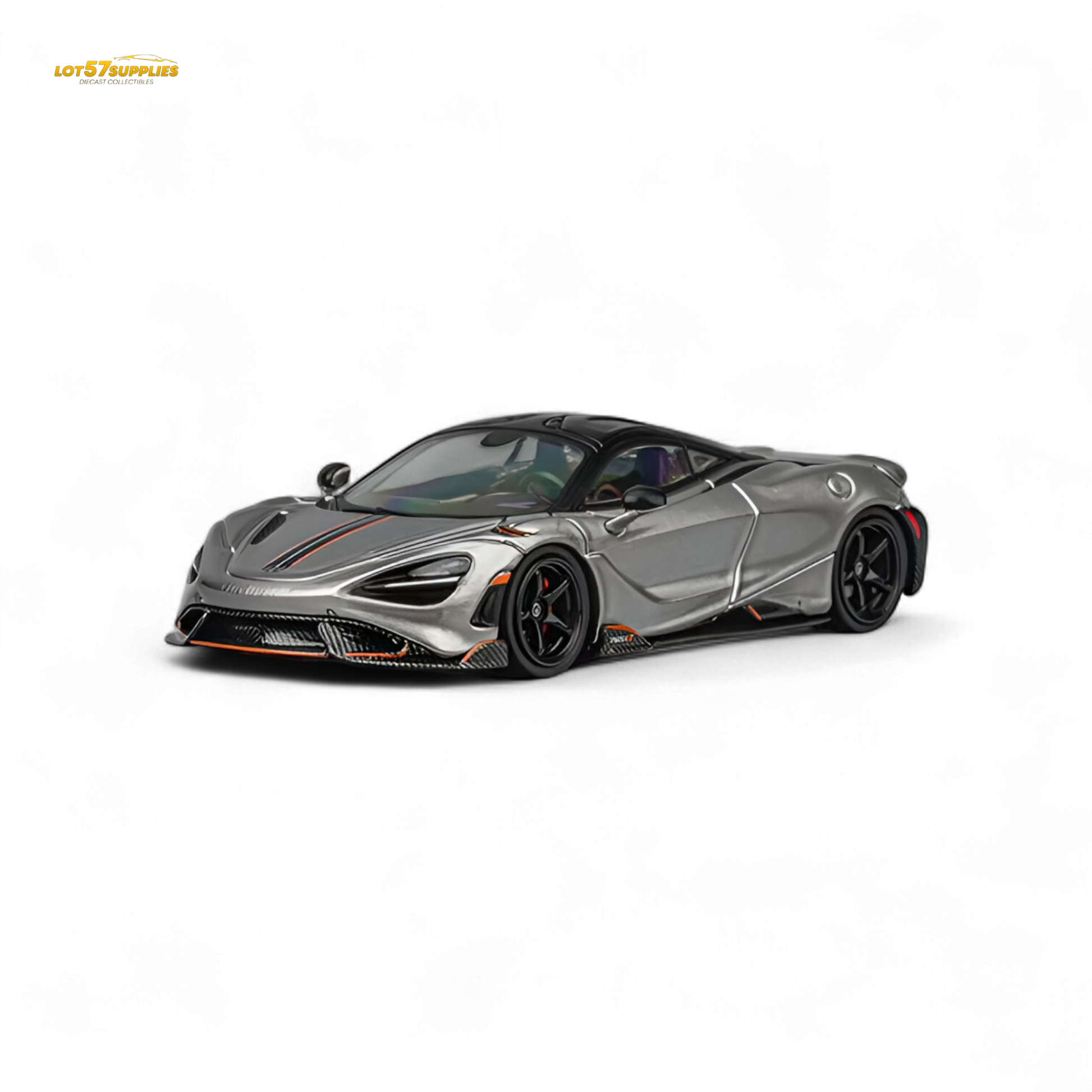 Silver gray McLaren 765LT diecast model in 1:64 scale by CM Model, detailed miniature car for collectors.