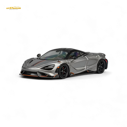 Silver gray McLaren 765LT diecast model in 1:64 scale by CM Model, detailed miniature car for collectors.