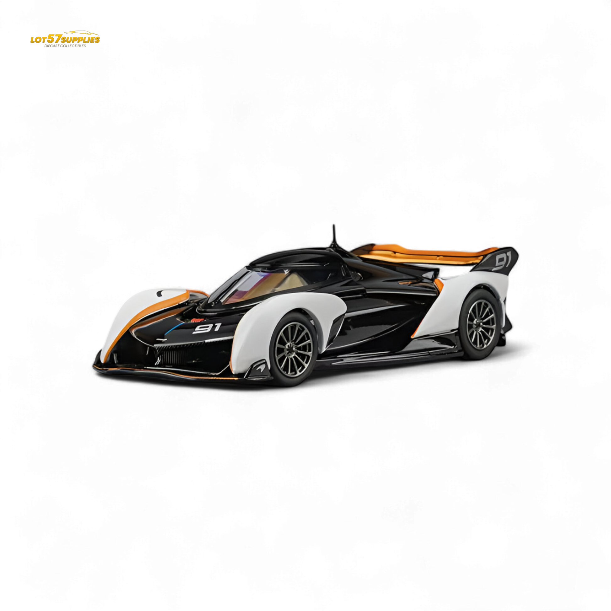 Black and white 1:64 scale McLaren Solus GT diecast model by Lot57Supplies, detailed sportscar collectible image.