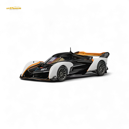 Black and white 1:64 scale McLaren Solus GT diecast model by Lot57Supplies, detailed sportscar collectible image.