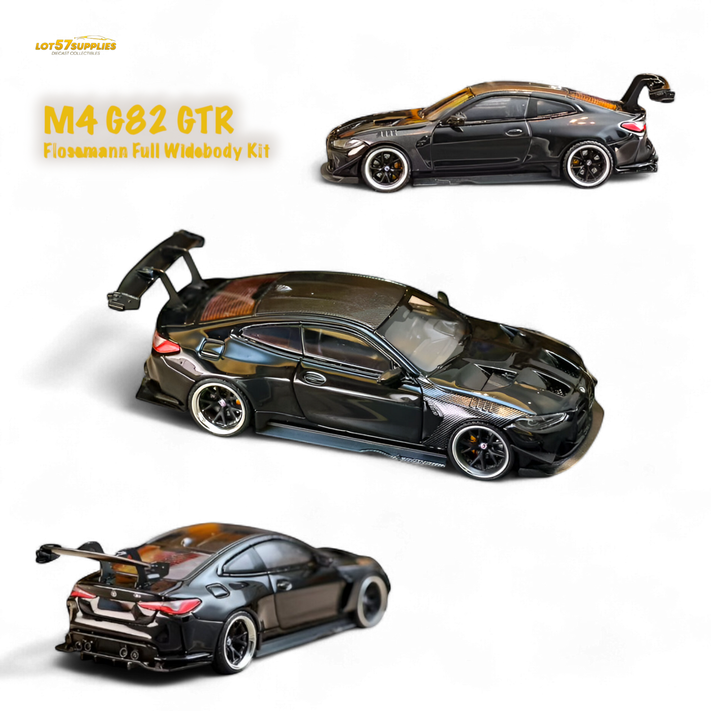 Pre-order SW BMW M4 G82 diecast model with widebody kit in bright black, detailed miniature by Lot57Supplies Diecast Shop.