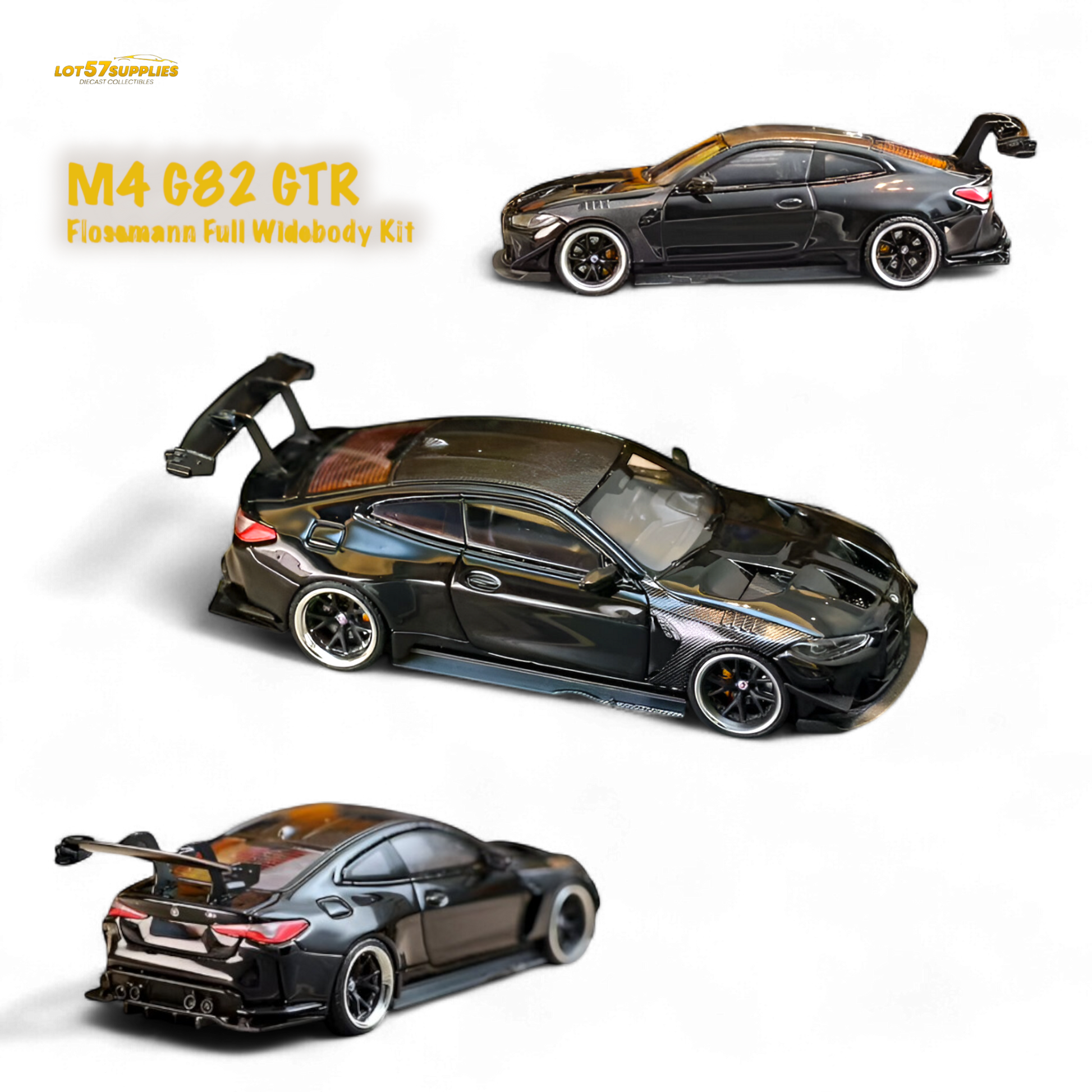 Pre-order SW BMW M4 G82 diecast model with widebody kit in bright black, detailed miniature by Lot57Supplies Diecast Shop.