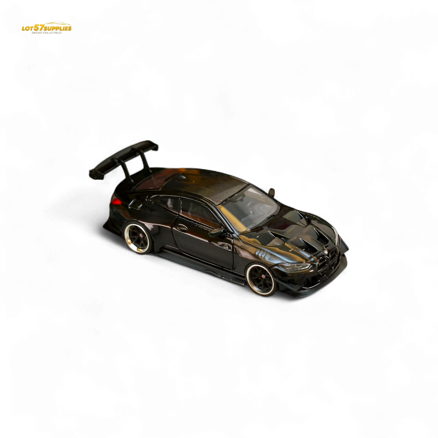 Pre-order SW BMW M4 G82 diecast model with bright black widebody kit, detailed miniature vehicle from Lot57Supplies Diecast Shop.