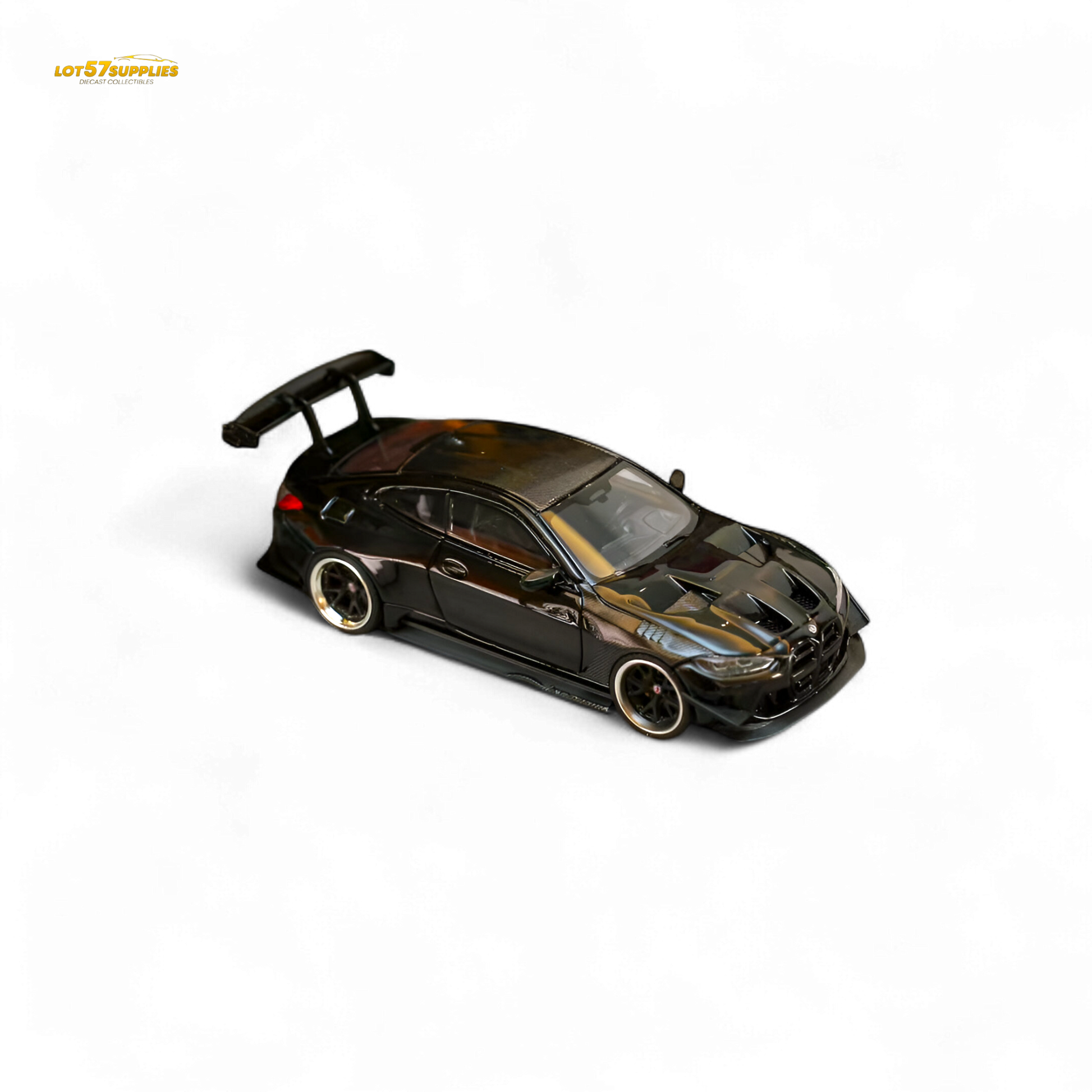 Pre-order SW BMW M4 G82 diecast model with bright black widebody kit, detailed miniature vehicle from Lot57Supplies Diecast Shop.