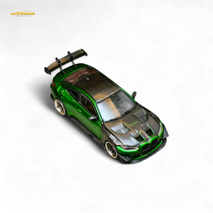 Pre-order Lot57Supplies Diecast BMW M4 GTR widebody kit in Gem Green, 1:64 scale model, detailed miniature car collectible.