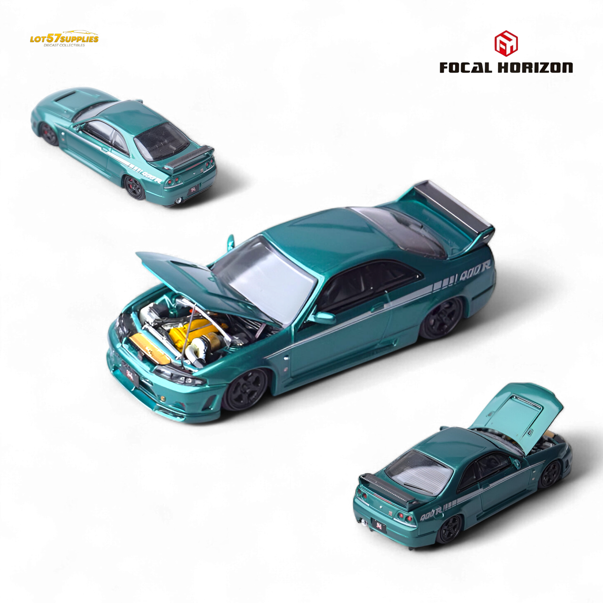 Detailed image of a green Nissan Skyline GT-R R33 Nismo 400R diecast model by Lot57Supplies, showcasing the compact car's features.