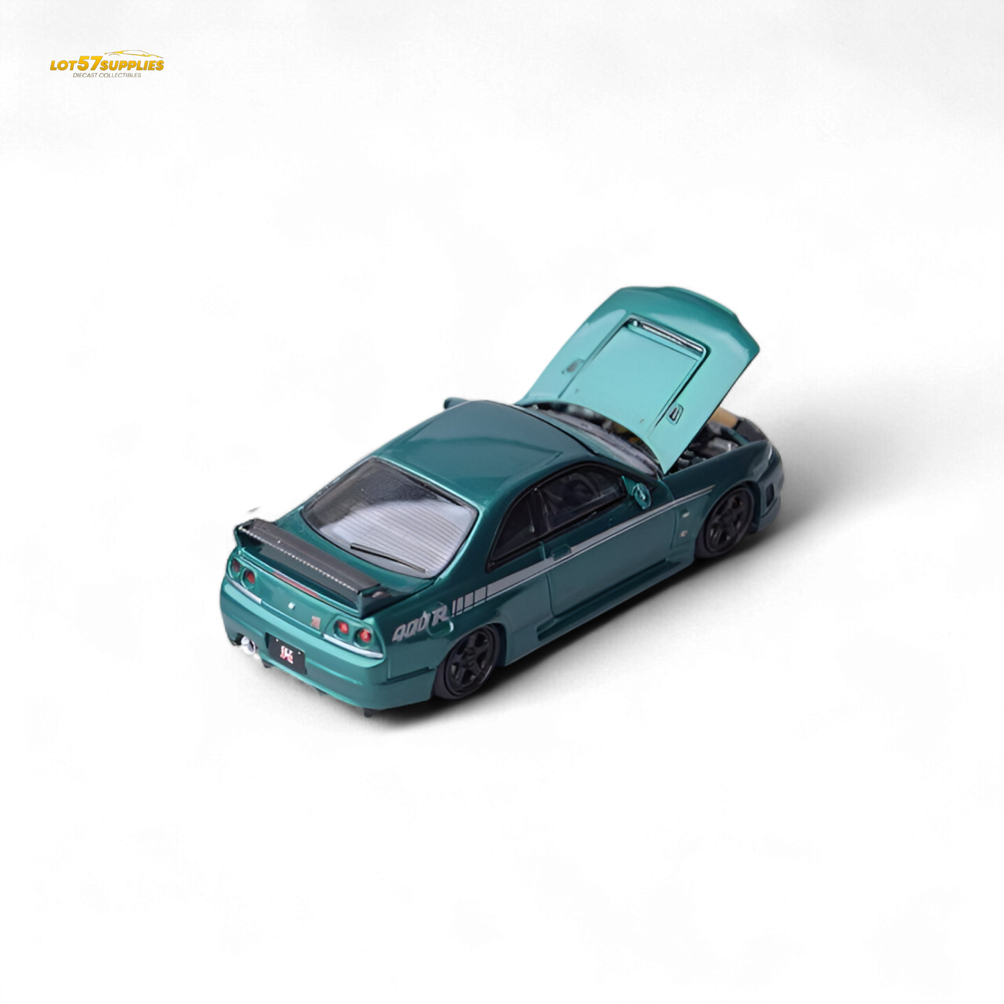 Nissan Skyline GT-R R33 Nismo 400R diecast model in Champion Green, detailed 1:64 scale car from Lot57Supplies Diecast Shop
