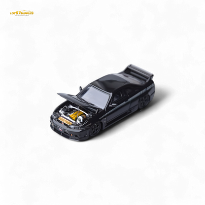 Black 1:64 scale Focal Horizon Nissan Skyline GT-R R33 Nismo 400R diecast model showcasing detailed exterior features.
