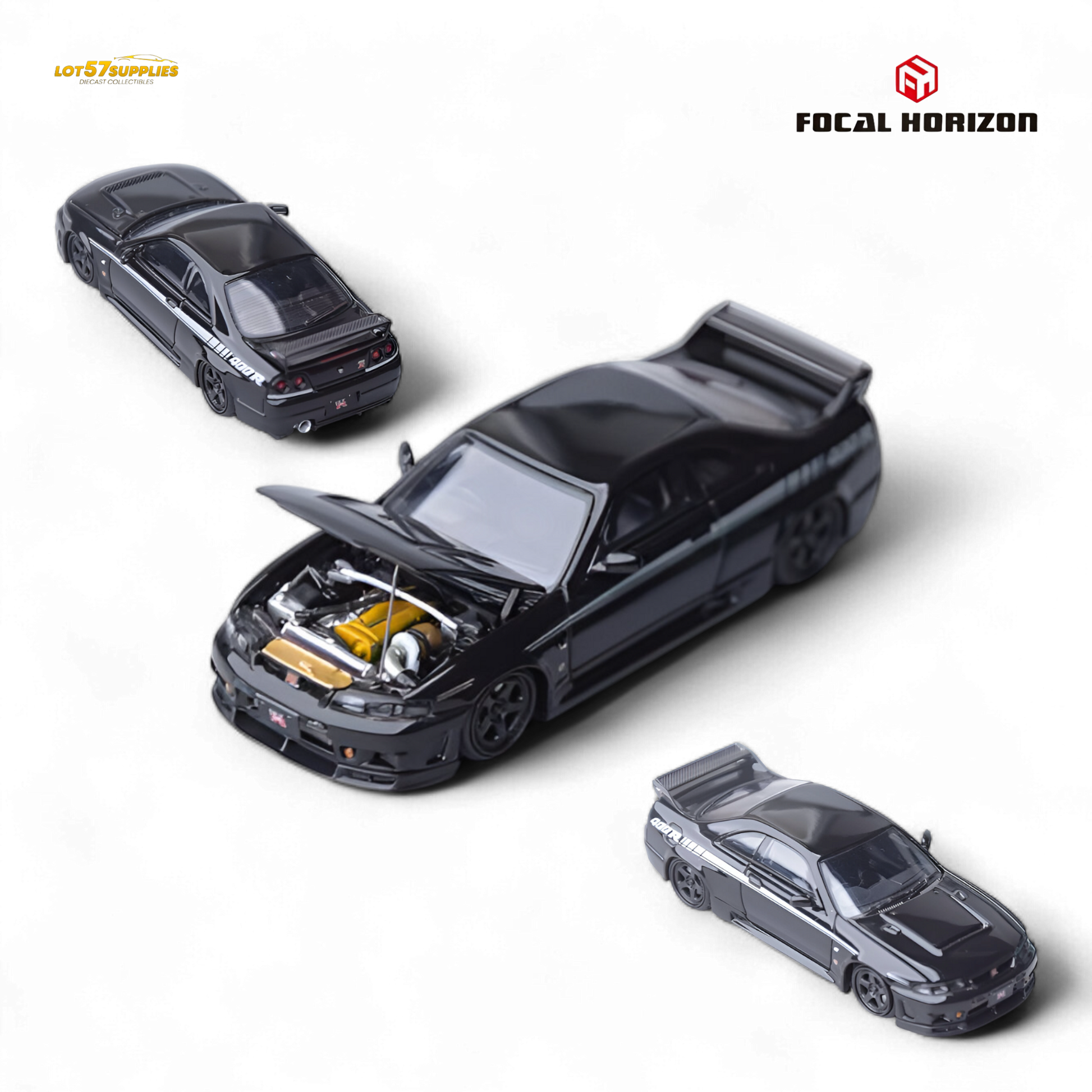 Black Nissan Skyline GT-R R33 Nismo 400R diecast model in 1:64 scale from Lot57Supplies Diecast Shop, detailed miniature vehicle.