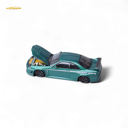 Diecast Nissan Skyline GT-R R33 Nismo 400R in Champion Green, 1:64 scale model by Lot57Supplies Diecast Shop.
