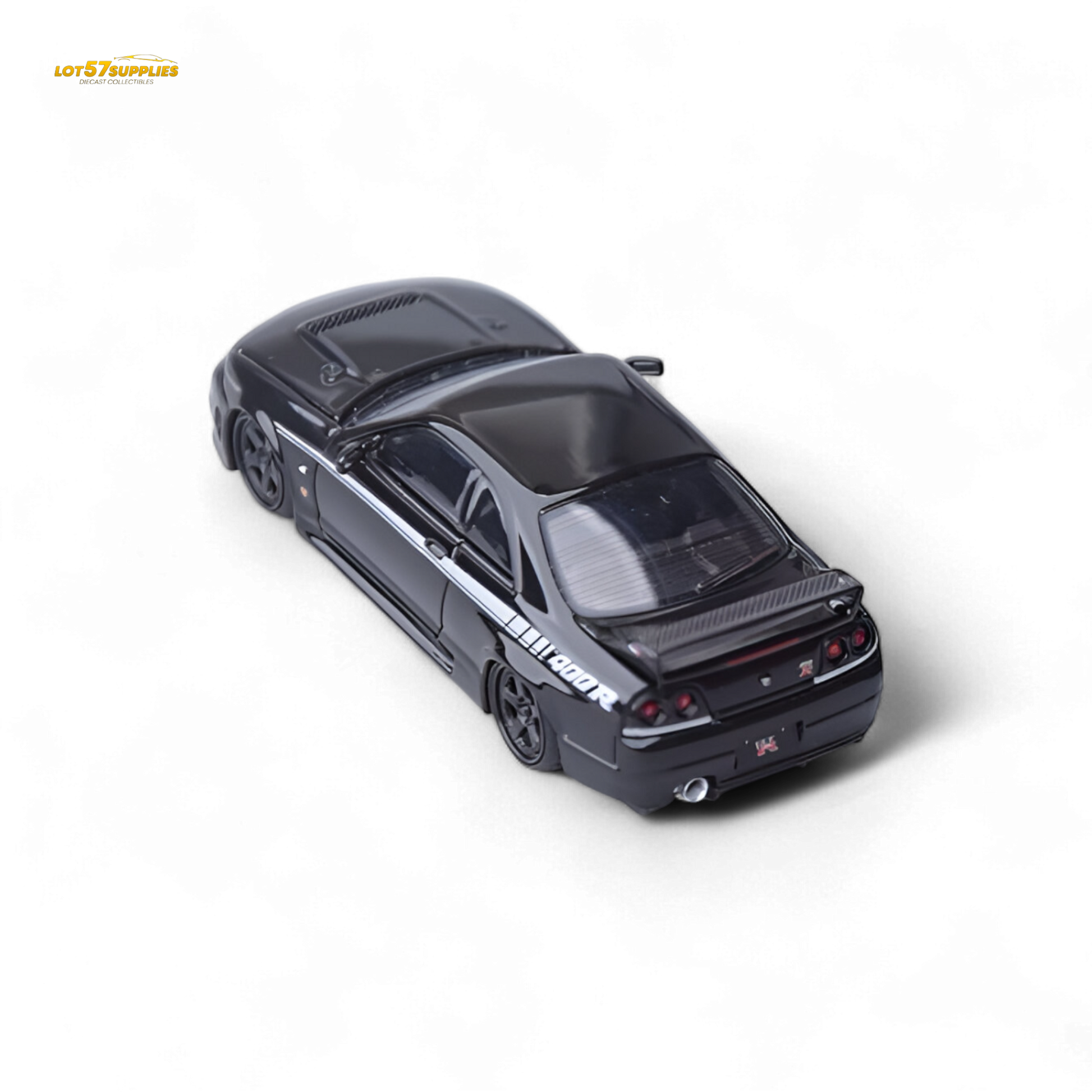 Black Nissan Skyline GT-R R33 Nismo 400R diecast model by Lot57Supplies, detailed 1:64 scale car.