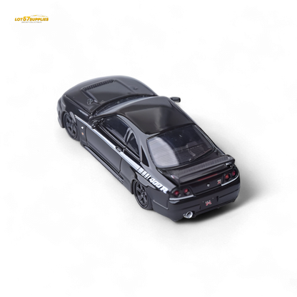 Black Nissan Skyline GT-R R33 Nismo 400R diecast model by Lot57Supplies, detailed 1:64 scale car.