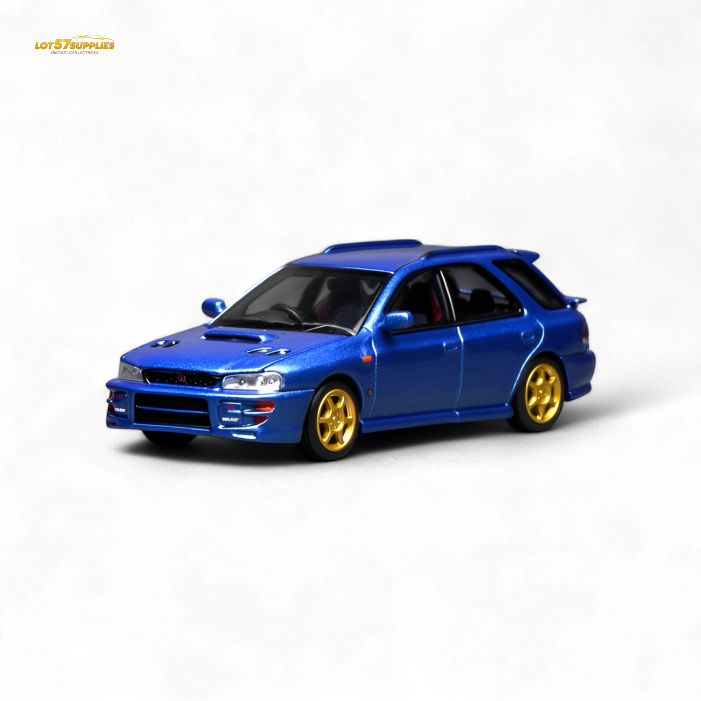 Miniature 1:64 scale Subaru Impreza WRX STi diecast model in blue, detailed replica from Lot57Supplies Diecast Shop.