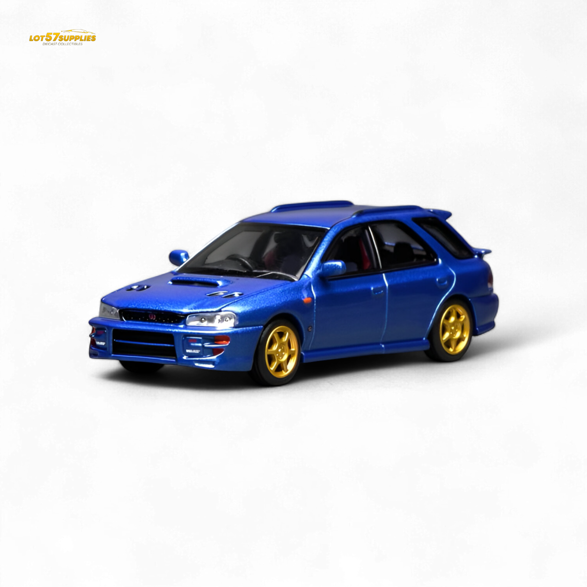 Miniature 1:64 scale Subaru Impreza WRX STi diecast model in blue, detailed replica from Lot57Supplies Diecast Shop.