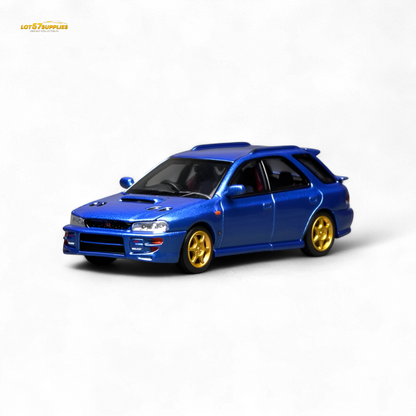 Miniature 1:64 scale Subaru Impreza WRX STi diecast model in blue, detailed replica from Lot57Supplies Diecast Shop.