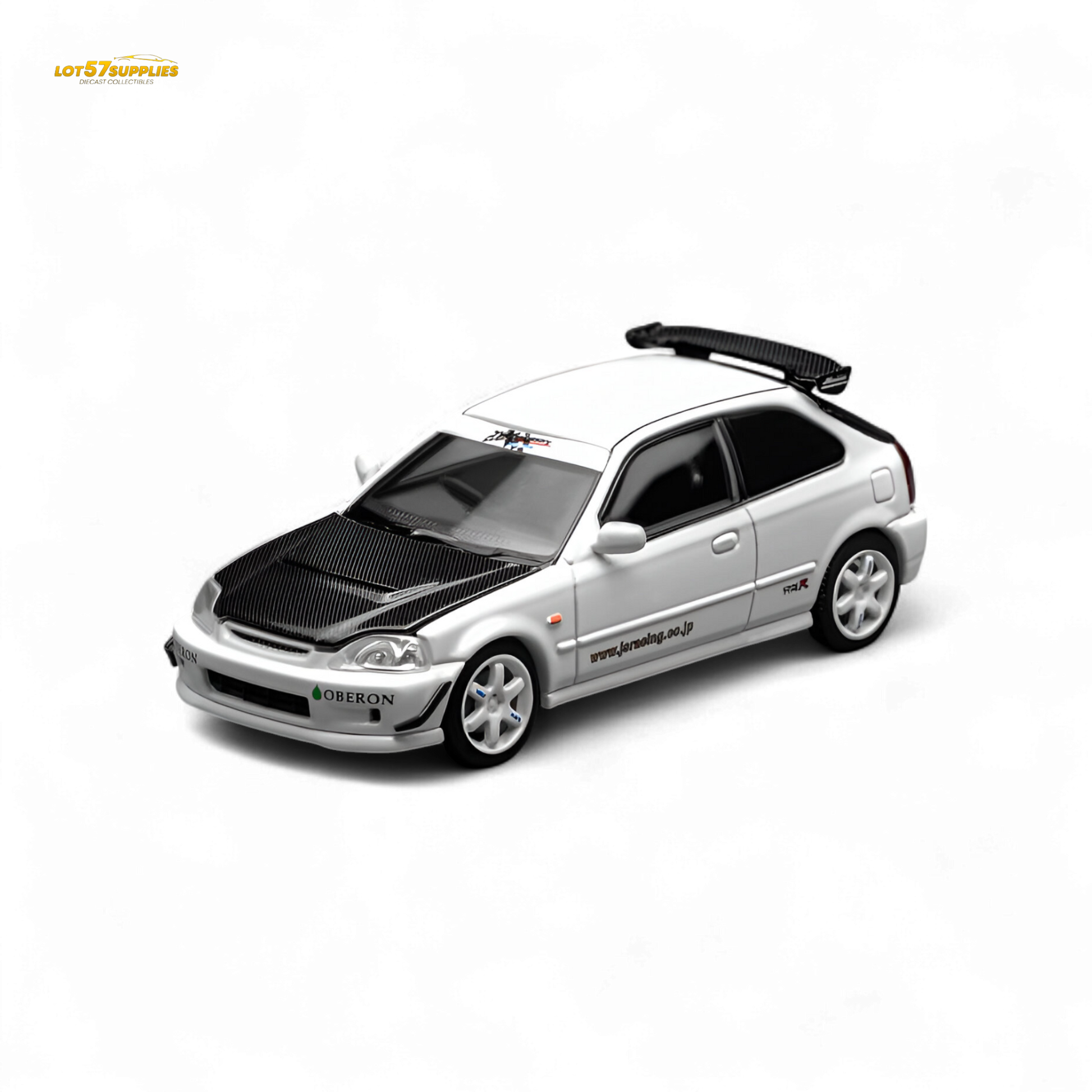 White Honda Civic Type R EK9 diecast model with J's Racing livery, 1:64 scale, detailed replica, manufactured by Lot57Supplies Diecast Shop