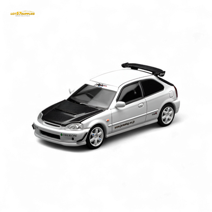 White Honda Civic Type R EK9 diecast model with J's Racing livery, 1:64 scale, detailed replica, manufactured by Lot57Supplies Diecast Shop