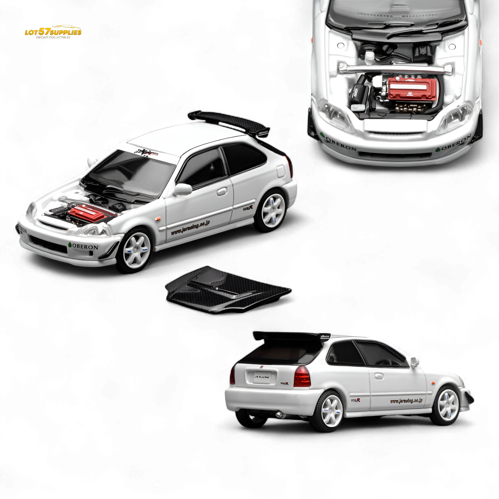 White 1:64 scale Honda Civic Type R EK9 diecast model with J's Racing livery from Lot57Supplies.