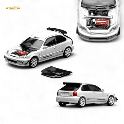 White 1:64 scale Honda Civic Type R EK9 diecast model with J's Racing livery from Lot57Supplies.