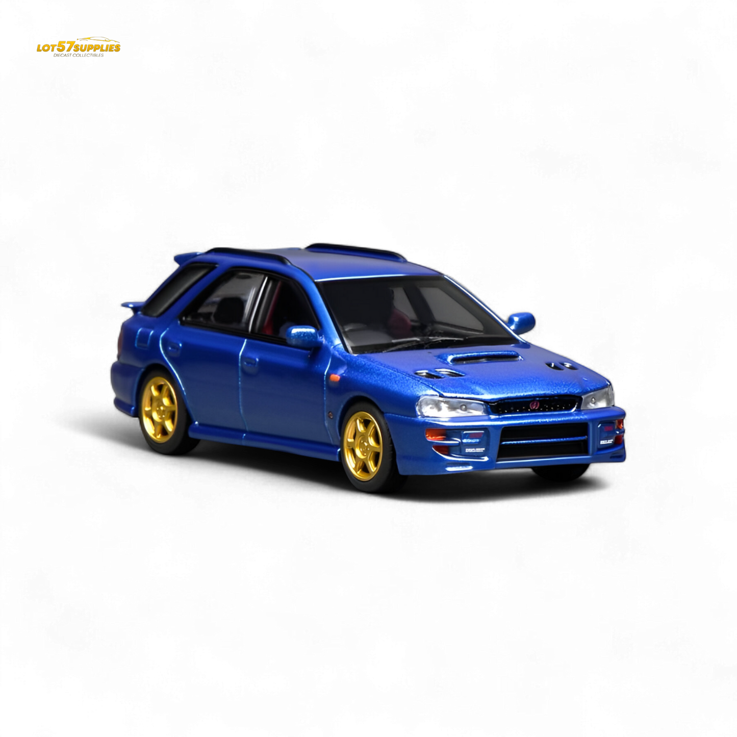 Detailed 1:64 scale Subaru Impreza Wagon WRX STi diecast model by Lot57Supplies, showcasing realistic features and vibrant colors.
